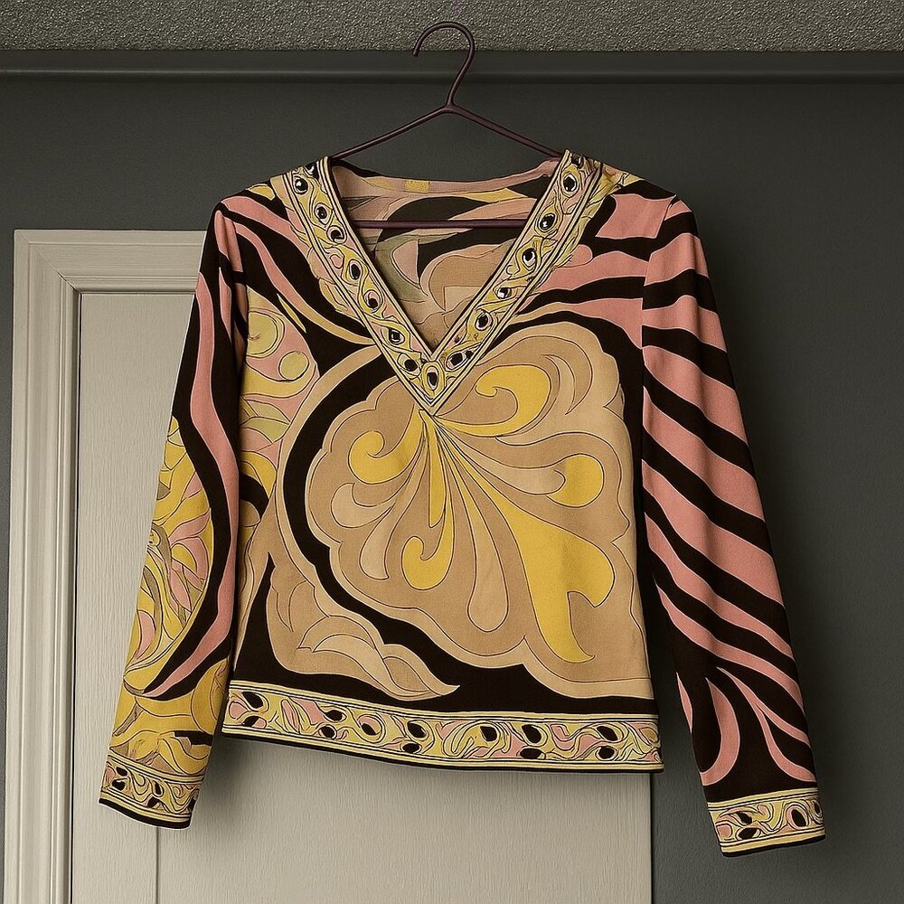 Vintage Emilio Pucci Firenze Silk V-Neck Blouse Psychedelic Print LS Sz xs - Picture 3 of 6